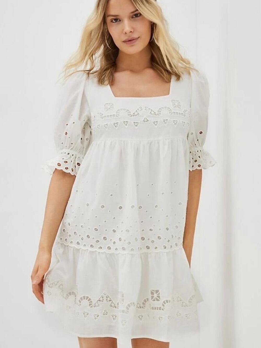 Forever That Girl Anthropologie Audrina White Eyelet Square Neck Babydoll Dress